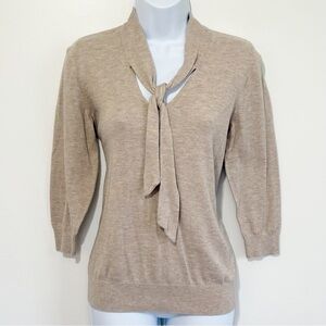 Ann Taylor V-Neck Sweater with Tie Detail Tan Medium